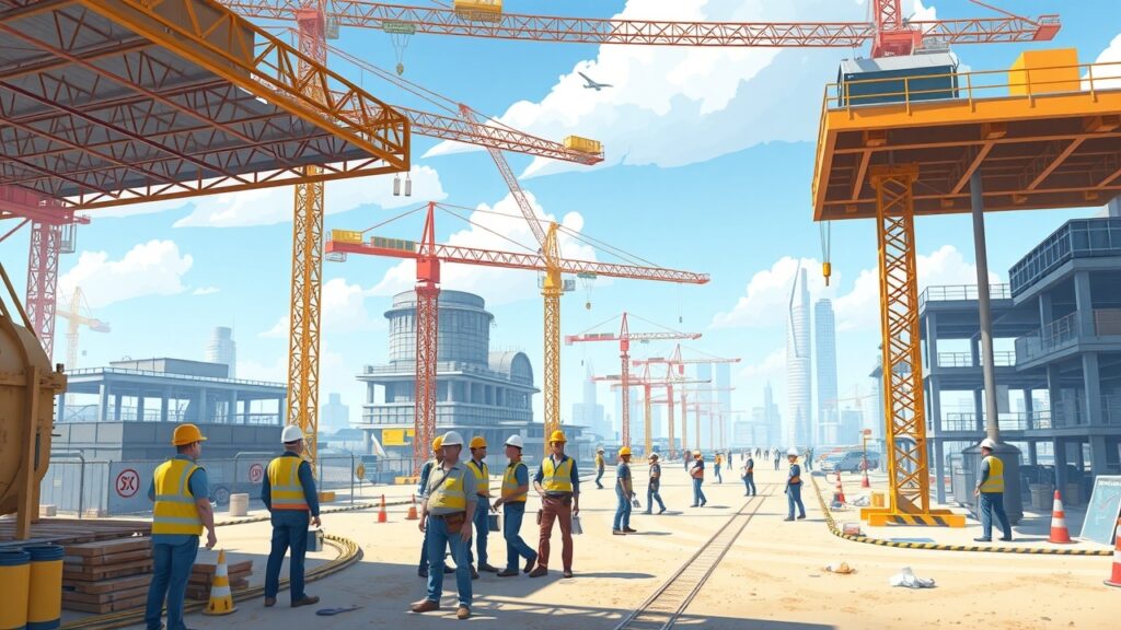 A vibrant cartoon scene showcasing a construction site in urban Australia, featuring cranes and workers implementing earth-retaining structures for a new building project.