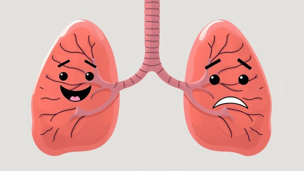 A cartoon depicting the lungs with happy and sad faces, representing the contrast between healthy lungs and those affected by mesothelioma due to asbestos.
