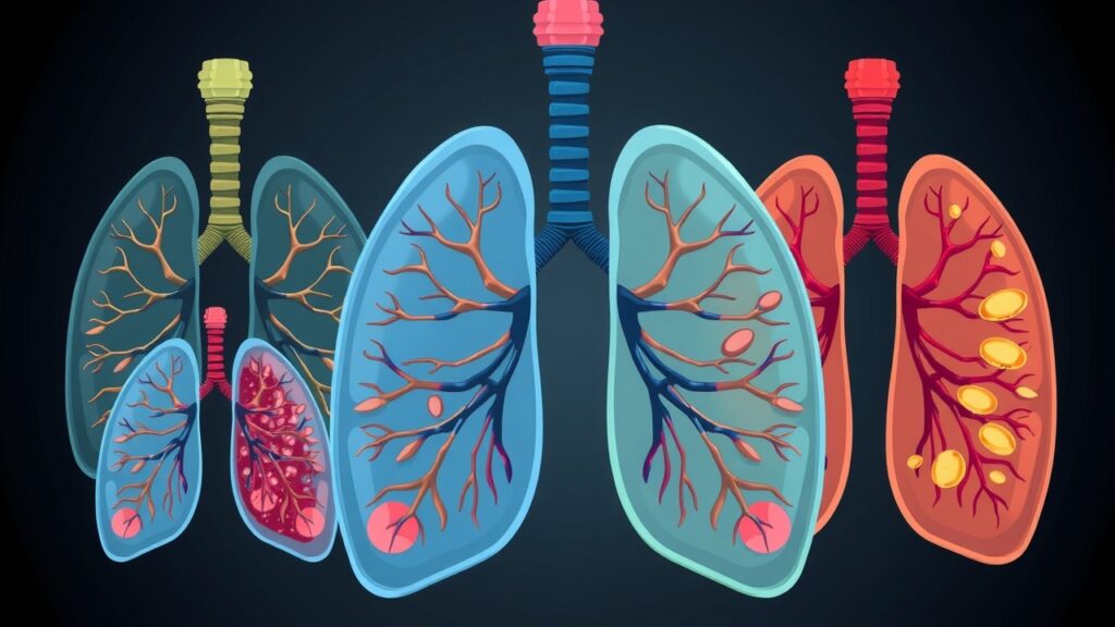 Visual representation of different respiratory diseases caused by asbestos exposure, using cartoon lungs experiencing various symptoms. Each lung can be illustrated in unique colors to denote different conditions.