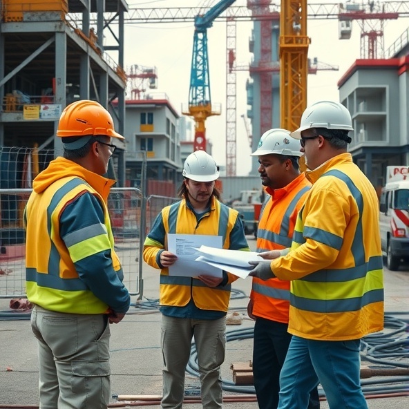 A detailed view of a construction site with safety barriers and workers in protective suits discussing estimates and costs, demonstrating teamwork.