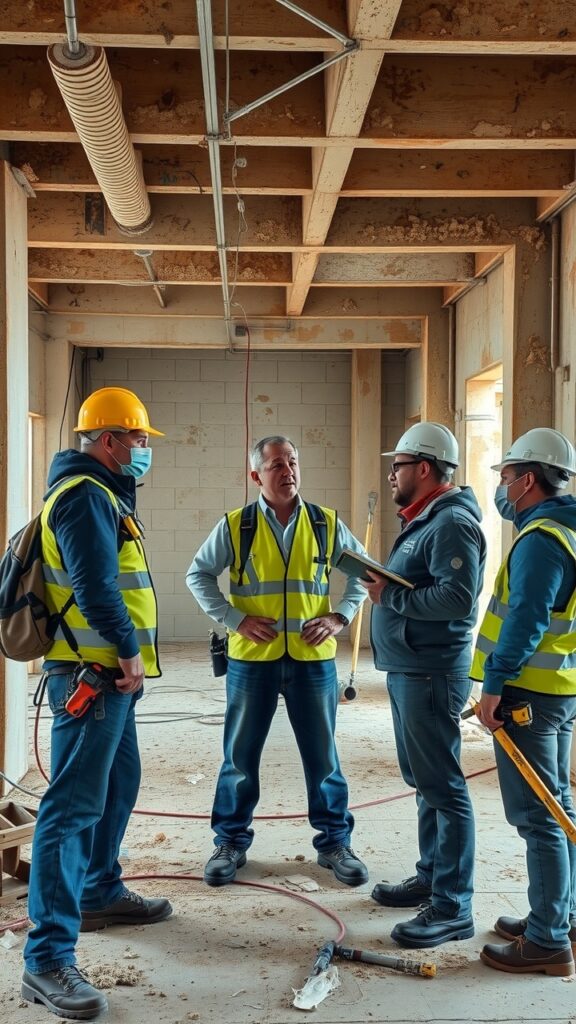 A group of professionals discussing a building structure with visible asbestos indicators in Australia, showcasing safety gear and tools involved in the removal process.