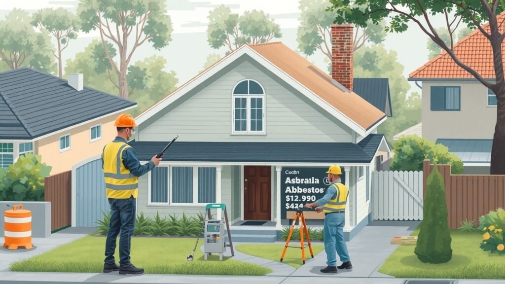 An illustration of a house being inspected for asbestos with a cost calculator tool, surrounded by construction workers wearing protective gear, set in a suburban Australian neighborhood. asbestos removal cost calculator for home renovations