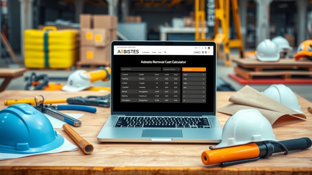 An open laptop on a construction site desk showing an online asbestos removal cost calculator, with tools and safety gear scattered around, highlighting a realistic Australian work environment.