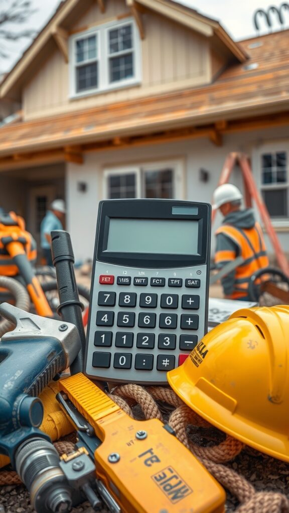 A modern calculator surrounded by construction tools and safety gear, set against the backdrop of a house under renovation.