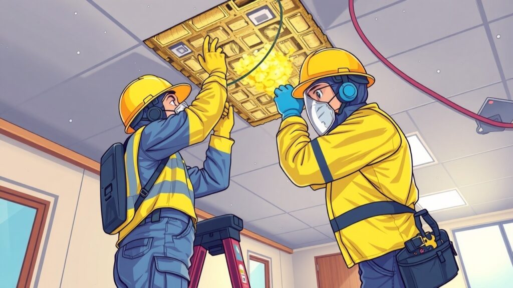 Fun illustration of an emergency response drill in asbestos removal facility, highlighting teamwork and safety protocols with lots of colorful gear and equipment.