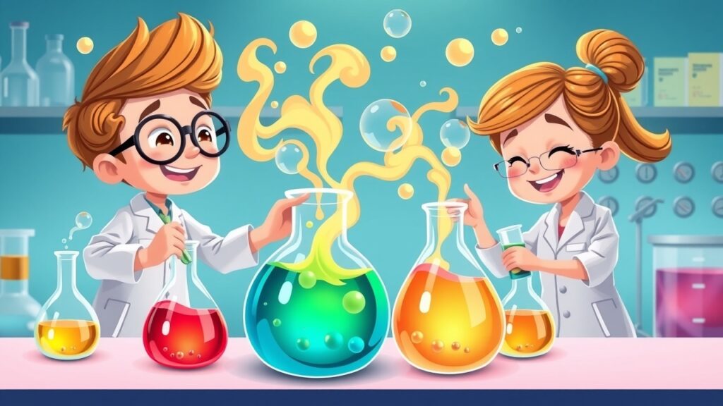 A vibrant illustration showcasing a lab scene where animated characters are mixing colorful chemical solvents in beakers, with playful swirling vapors and cheerful expressions, emphasizing safety measures.