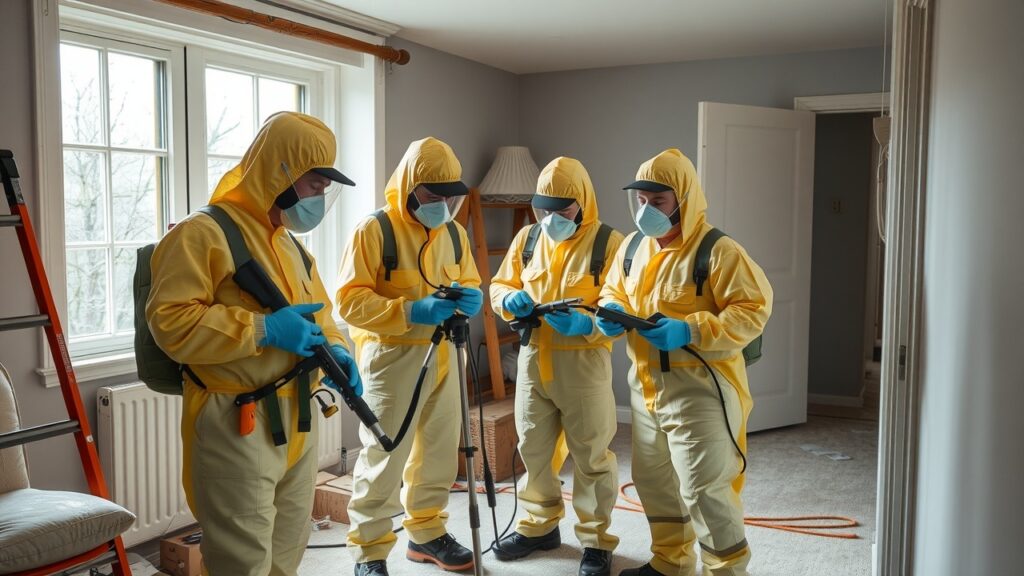 A team of professionals wearing protective gear conducting an asbestos inspection in a residential setting, showcasing their tools and equipment, with clear instructions on safety protocols.