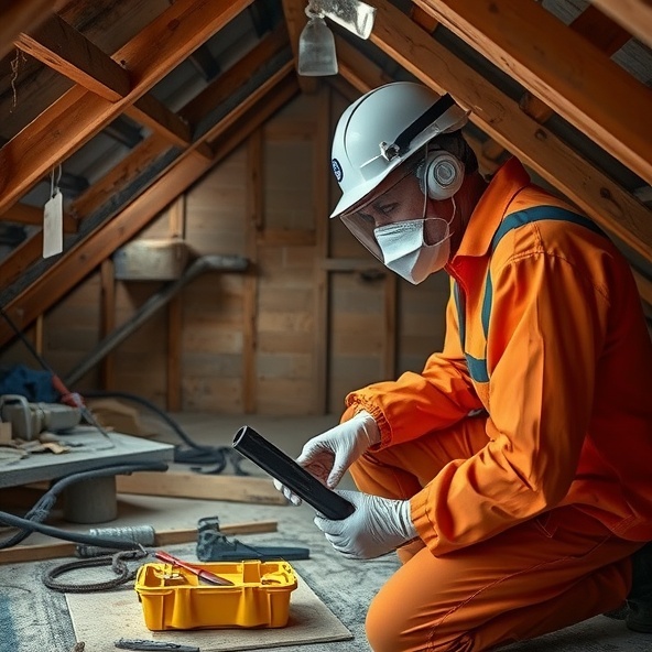 A professional contractor inspecting an attic for asbestos with a focus on the tools and protective gear used during assessments in Australia.