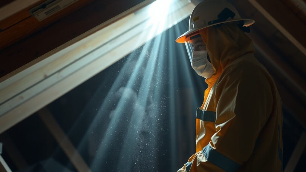 A worker in protective gear inspecting a residential attic for asbestos, with beams of sunlight illuminating dust particles in the air. The scene showcases the importance of safety during home renovations in Australia.