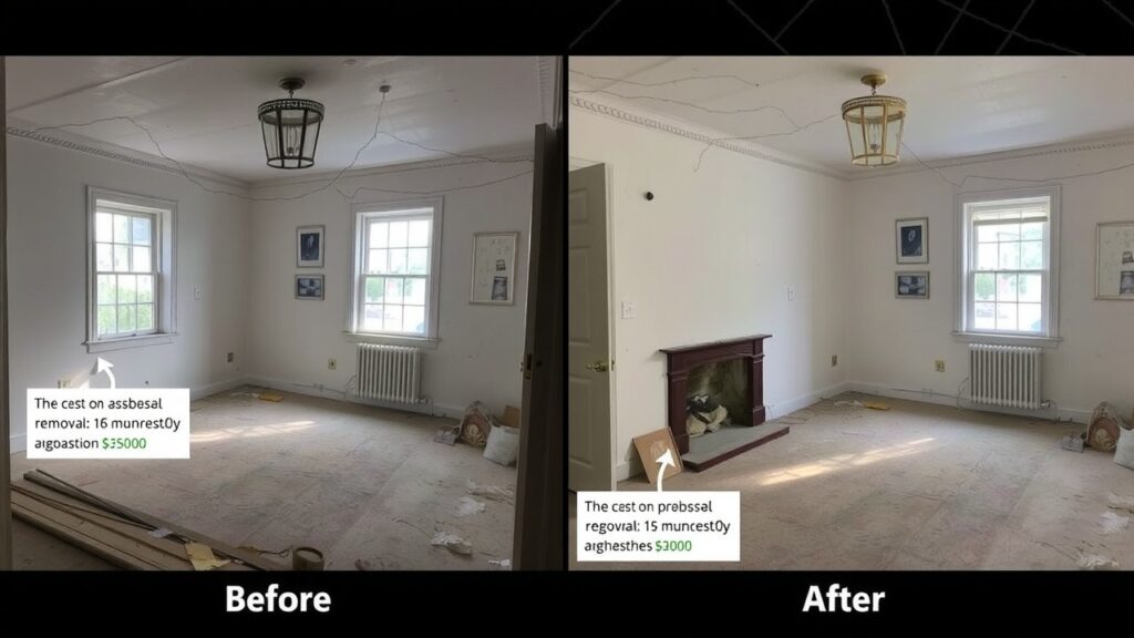 A before-and-after image set of a room that underwent asbestos removal, with annotations explaining the costs incurred at each stage.