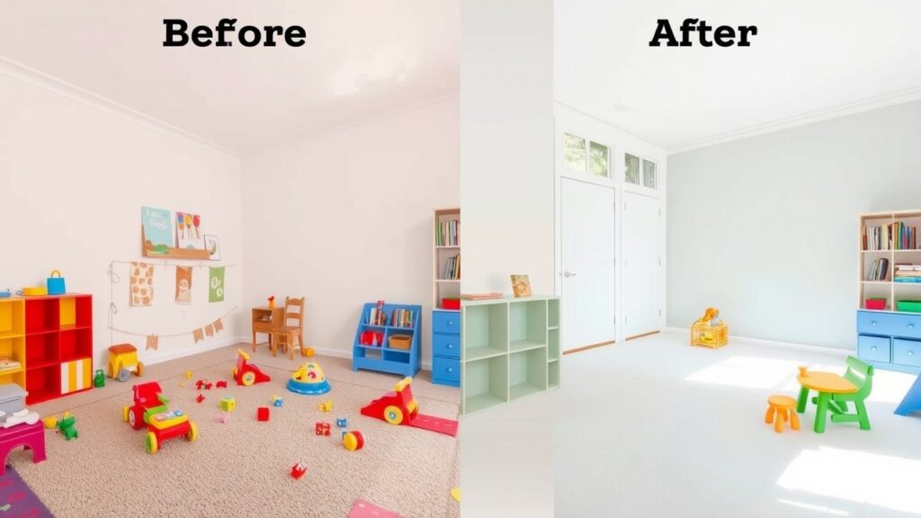Before-and-after comparison of a child’s playroom showing lead paint on the walls being removed, with colorful toys scattered about and a bright, clean finish after treatment.