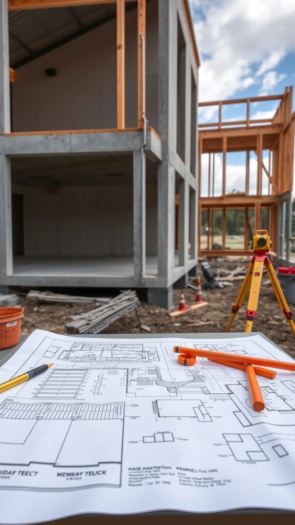 An architect’s blueprint laid out on a table with surveying tools, on-site in Moruya, amidst a partially constructed building.