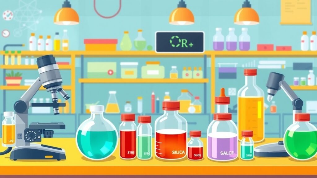 Create a joyful cartoon depiction of educational materials about silica dust in workplaces, highlighting personal and area sampling techniques, set in a colorful classroom with Australian children learning together.