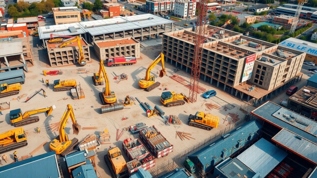 An overhead shot of a bustling construction site in Canberra, highlighting a mix of heavy machinery, laborers, and partially constructed buildings, illustrating the dynamism of civil engineering.
