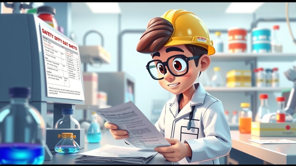 Colorful depiction of an animated character reviewing chemical safety data sheets in a laboratory setting, emphasizing the importance of information access.