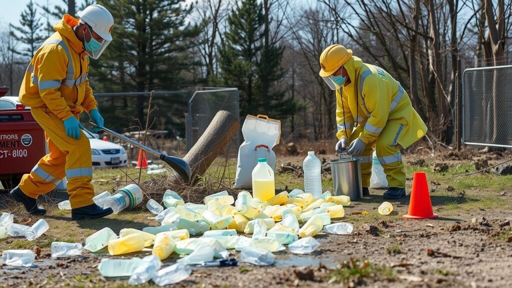 A chemical spill response simulation being conducted outdoors, illustrating the procedures used by hazardous materials technicians to contain and clean up chemicals effectively.