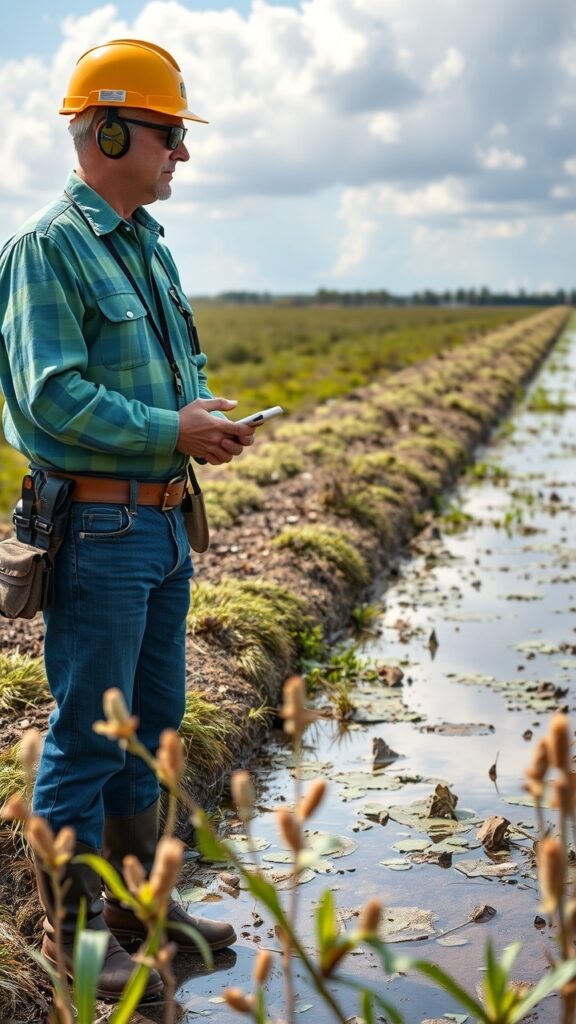 An environmental engineer inspecting a water management project featuring wetlands and water retention systems, with native flora in the foreground.