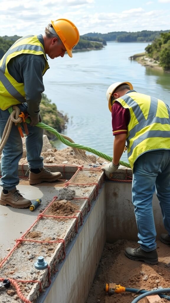 workers laying concrete for a foundation in Moruya, with safety gear, tools, and the river visible in the background.