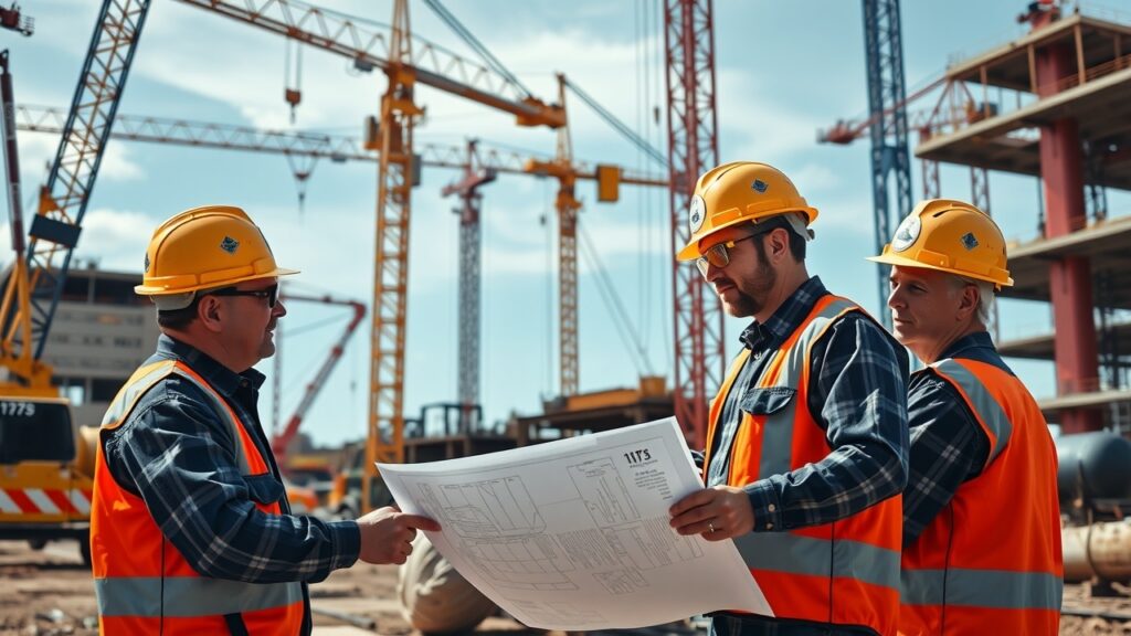A construction site in Australia with engineers in hard hats reviewing blueprints, surrounded by cranes and machinery, showcasing modern civil engineering practices.