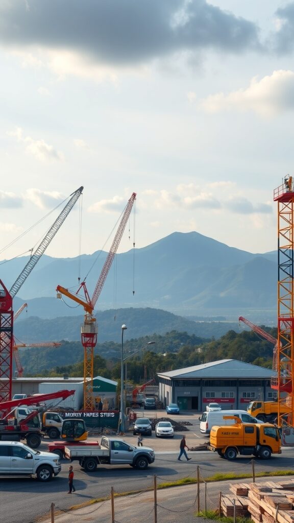 A panoramic view of a bustling construction site in Moruya, featuring cranes, workers, and machinery with hills in the background.