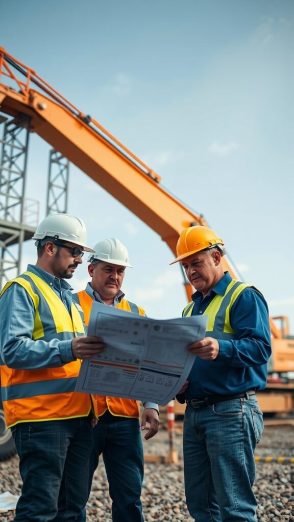 Engineers collaborating on a construction site, reviewing blueprints, with heavy machinery visible in the background and a clear sky above.