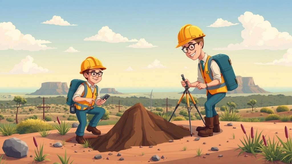 A vibrant cartoon portrayal of a construction project involving renewable energy sources, showcasing wind turbines and solar farms designed by civil engineers in Australia.