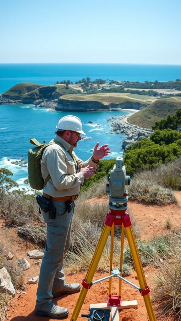 An engineer with surveying equipment capturing data on a site, surrounded by diverse terrain and natural features indicating a coastal environment.