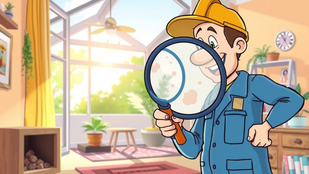 A colorful cartoon depicting a cheerful inspector with a magnifying glass examining an indoor space, highlighting areas prone to mould growth, with a bright, sunny atmosphere in an Australian home setting.