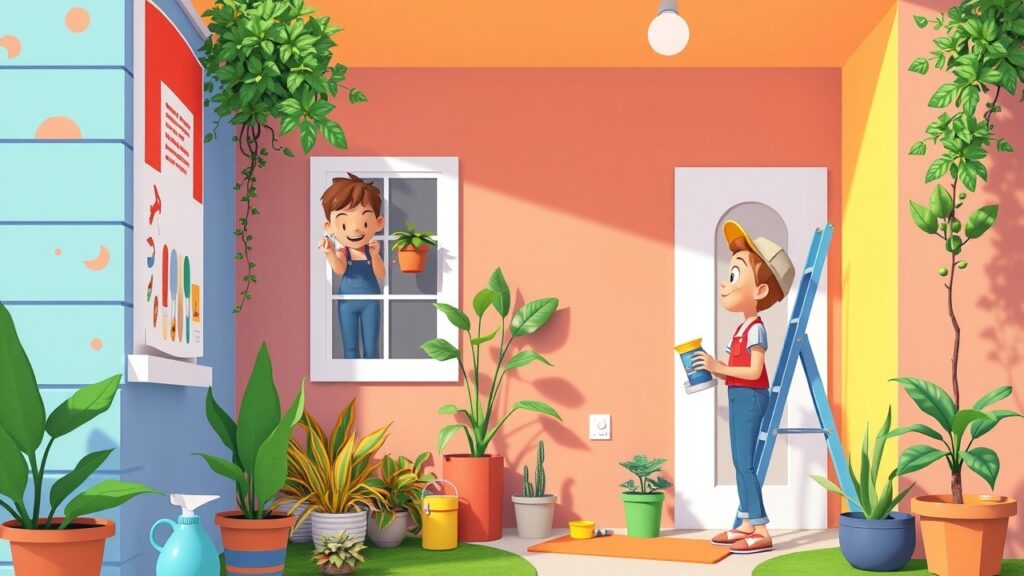A cheerful cartoon of a family conducting air quality tests in their home, with colorful charts and happy faces, emphasizing the importance of clean air in a residential setting.
