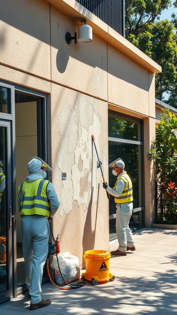 An image of a commercial building exterior with visible mould patches, showing workers in protective gear applying a mould removal solution on the wall under bright daylight, with Australian flora in the background.