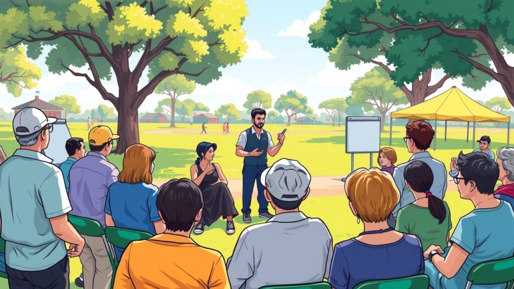Illustrate a colorful cartoon representation of a community health seminar on silica dust management, with various attendees actively engaged, set in a bright outdoor park in Australia.