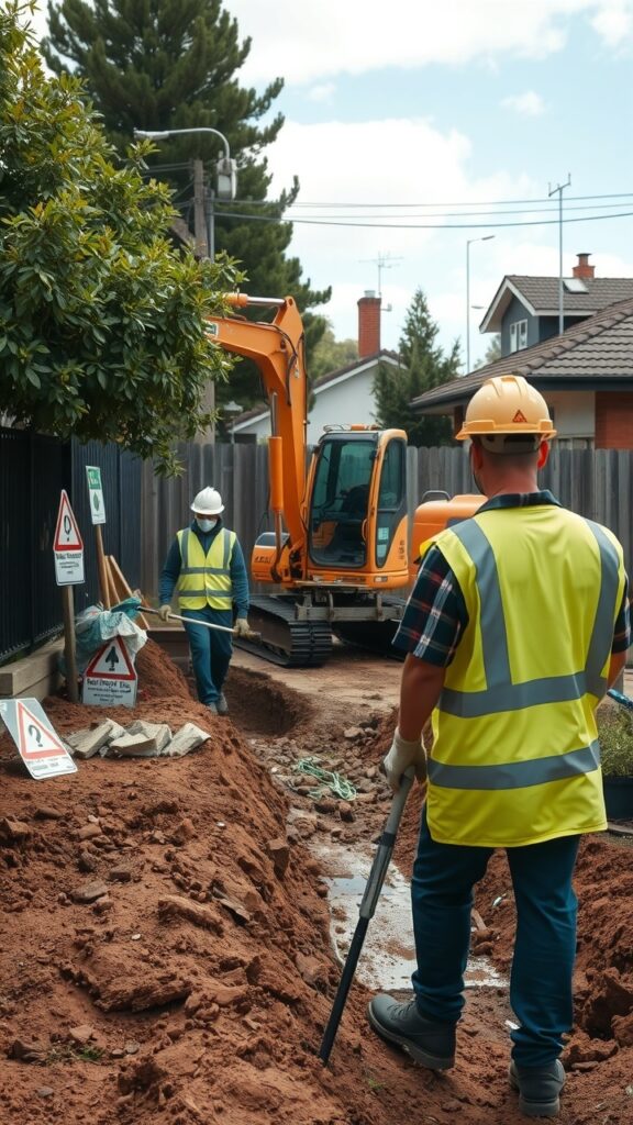 A construction site in Australia with workers wearing safety gear, excavating contaminated soil from a residential backyard, surrounded by warning signs and heavy machinery.