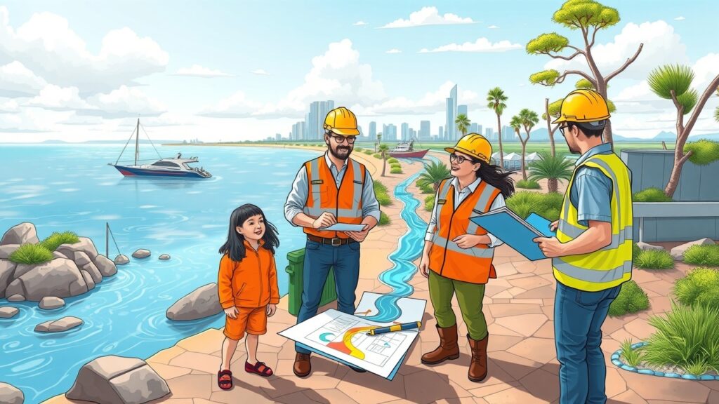 A bright and lively cartoon representation of a civil engineering team planning a flood management system near an Australian coastline, with colorful water flow diagrams.