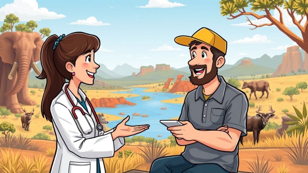 Create a cheerful cartoon illustration of a healthcare professional discussing health implications of silica exposure with a patient, against a backdrop showing Australian wildlife and scenic landscapes.