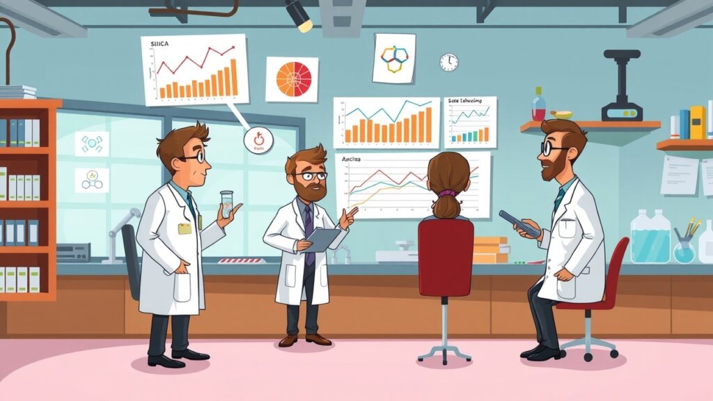 Illustrate an imaginative cartoon scene of scientists interpreting results from silica testing, illustrated by graphs and charts floating above their heads, inside a characteristic Australian laboratory.