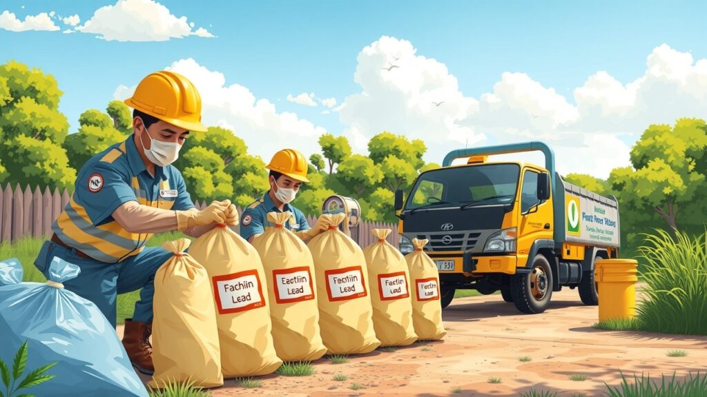A whimsical cartoon portrayal of workers carefully sealing lead-contaminated materials into labeled bags for disposal. The scene is vibrant, with a clean-up truck and a sunny day in an Australian environment, featuring greenery and a clear blue sky.