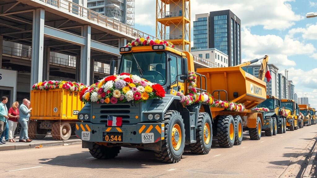 A whimsical image showcasing a parade of heavy construction vehicles and equipment, all decorated with flowers and colors, celebrating a successful civil engineering project in an Australian city.