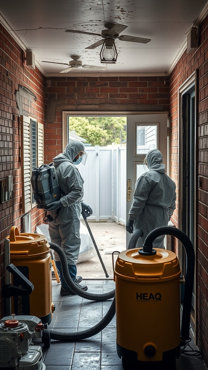 A team of professionals in protective gear performing emergency asbestos removal in an urban Australian home, showcasing equipment like HEPA vacuums and containment barriers.
