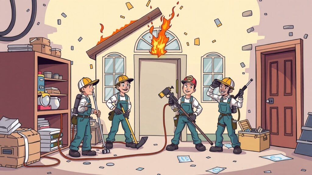 Restoration Crew in Action: A comic-style cartoon illustrating a team of restoration workers cleaning up and repairing a home damaged by fire, using fun tools and equipment, highlighting teamwork and efficiency.