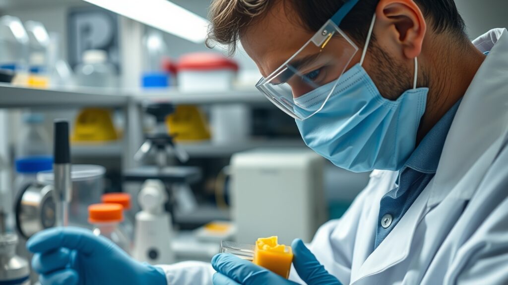 A close-up of a lab technician analyzing asbestos samples in a laboratory setting, with various scientific equipment and safety precautions visible, emphasizing professionalism in hazardous material management.