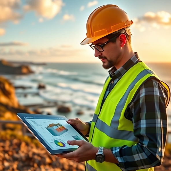 An engineer reviewing digital designs and 3D models on a tablet while on-site, with the backdrop of a beautiful coastal landscape, signifying modern engineering practices.