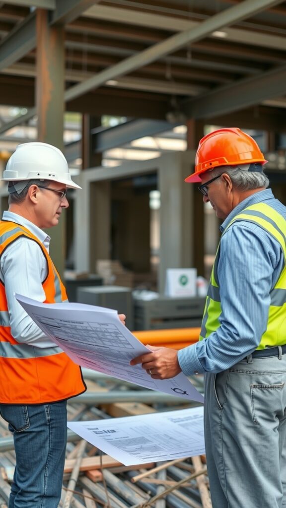 A vibrant coastal town in South Coast NSW with engineers discussing blueprints on a construction site, showcasing collaboration and innovation.
