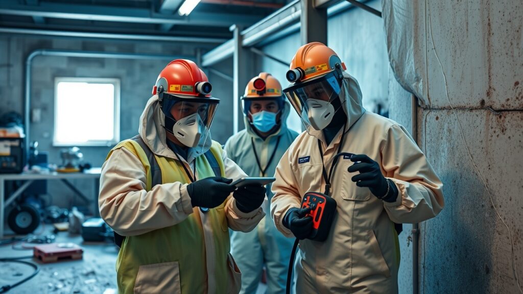 A scene showing environmental consultants assessing a site with hazardous materials, incorporating natural surroundings and a focus on ecological safety measures.