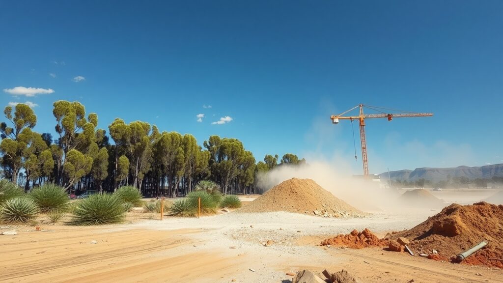 A serene outdoor environment in Australia, juxtaposed with a construction site creating silica dust, emphasizing the importance of silica dust management for environmental protection.