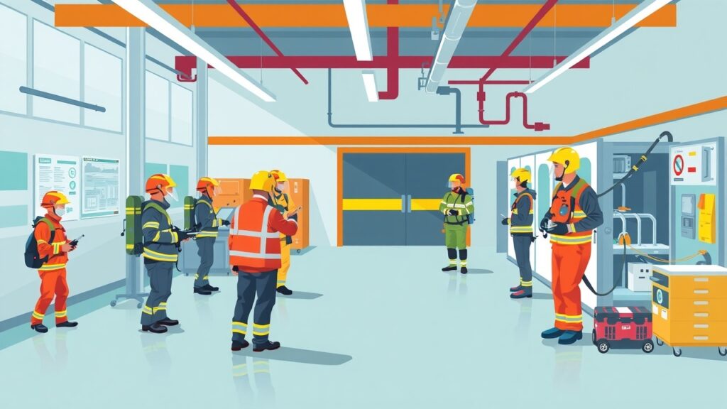 Fun illustration of an emergency response drill in an Australian facility, highlighting teamwork and safety protocols with lots of colorful gear and equipment.