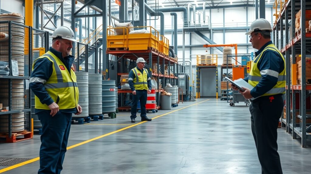 A snapshot of a facility’s hazardous materials audit taking place in Australia, with inspectors reviewing compliance with local environmental laws and facility safety standards.