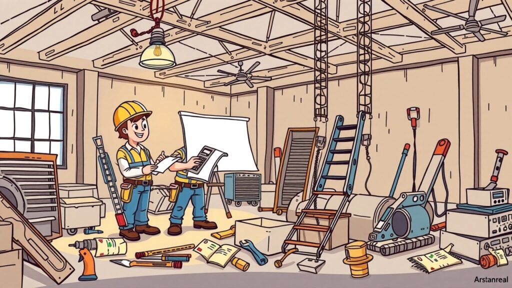 Cartoon that illustrates different aspects of a construction project, showcasing the scope of work with outlined sections and tasks.