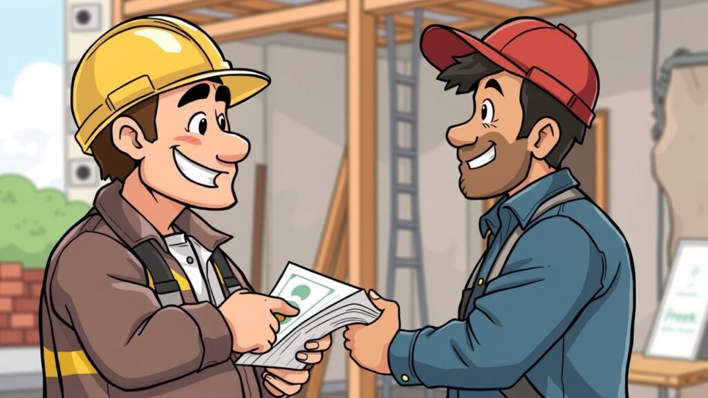 Colorful cartoon representing negotiation of labor fees between a contractor and workers on-site, with cheerful expressions.