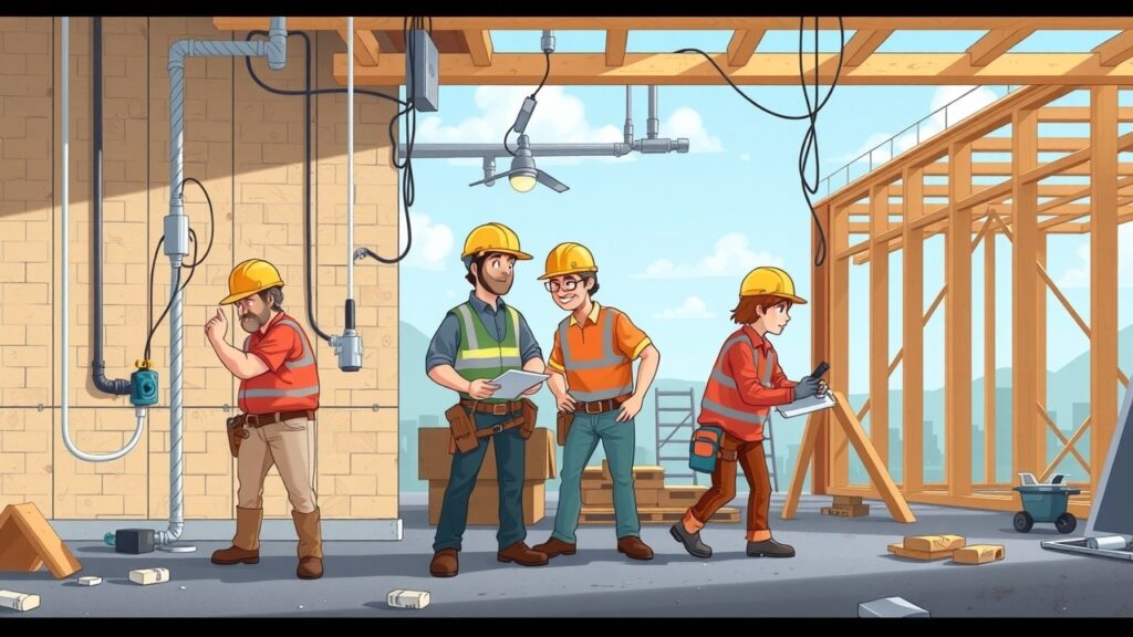 Cartoon showing different teams working on separate tasks at a construction site—plumbing, electrical, and framing—to represent overall project scope.