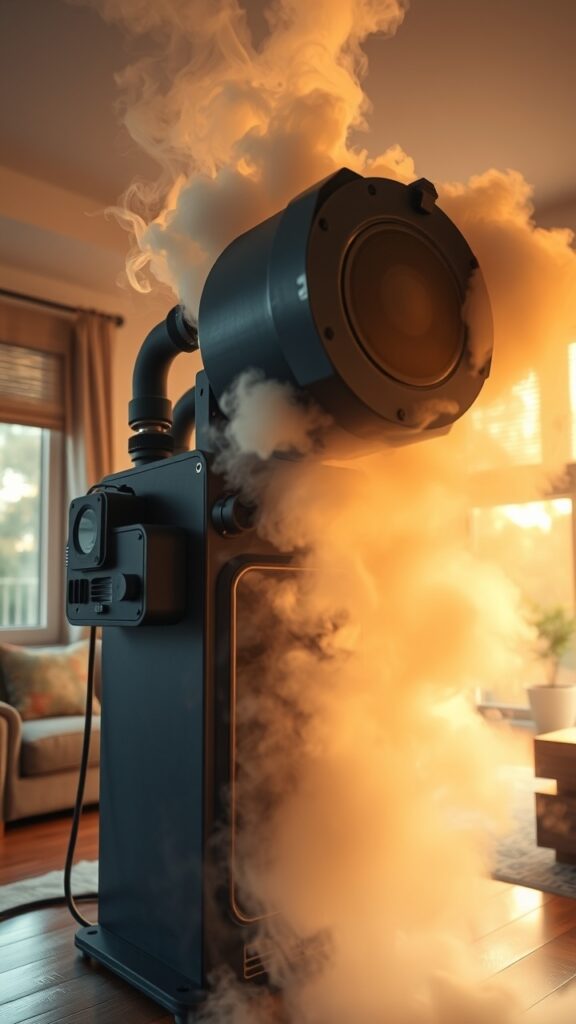 Close-up of a specialized air scrubber in operation, filtering out smoke particles in a residential living room affected by fire, capturing the interaction of technology and environment in Australia.